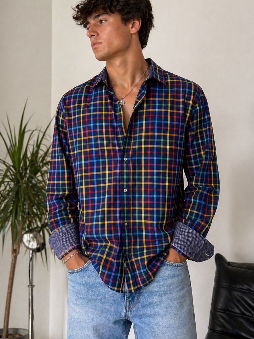 Bugatchi Uomo Plaid Button Down Shirt XL Oversized Large Multicolor Classic